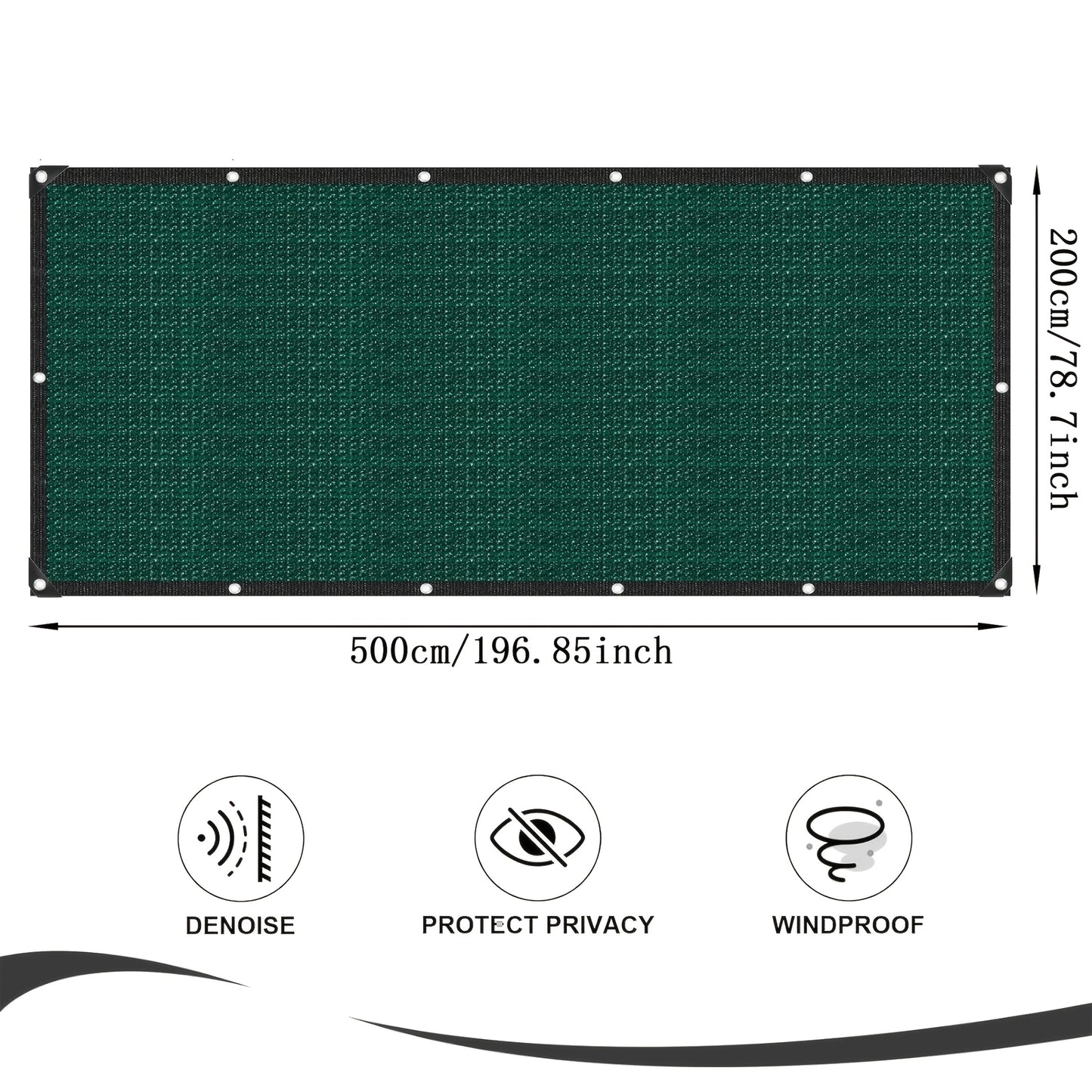 Durable polypropylene privacy screen with grommets for UV protection in indoor/outdoor use.