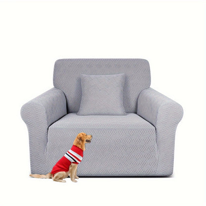 Pet-friendly sofa cover in gray striped jacquard fleece with elastic band, non-slip bottom, and all-season dust protection. Stylish and snug fit for living room furniture.