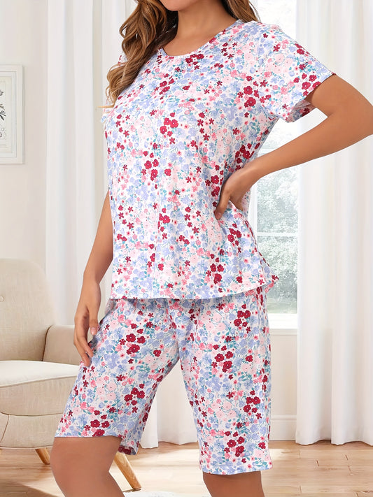 Floral print 2-piece pajama set for women with round neck top and shorts, perfect for summer sleepwear.