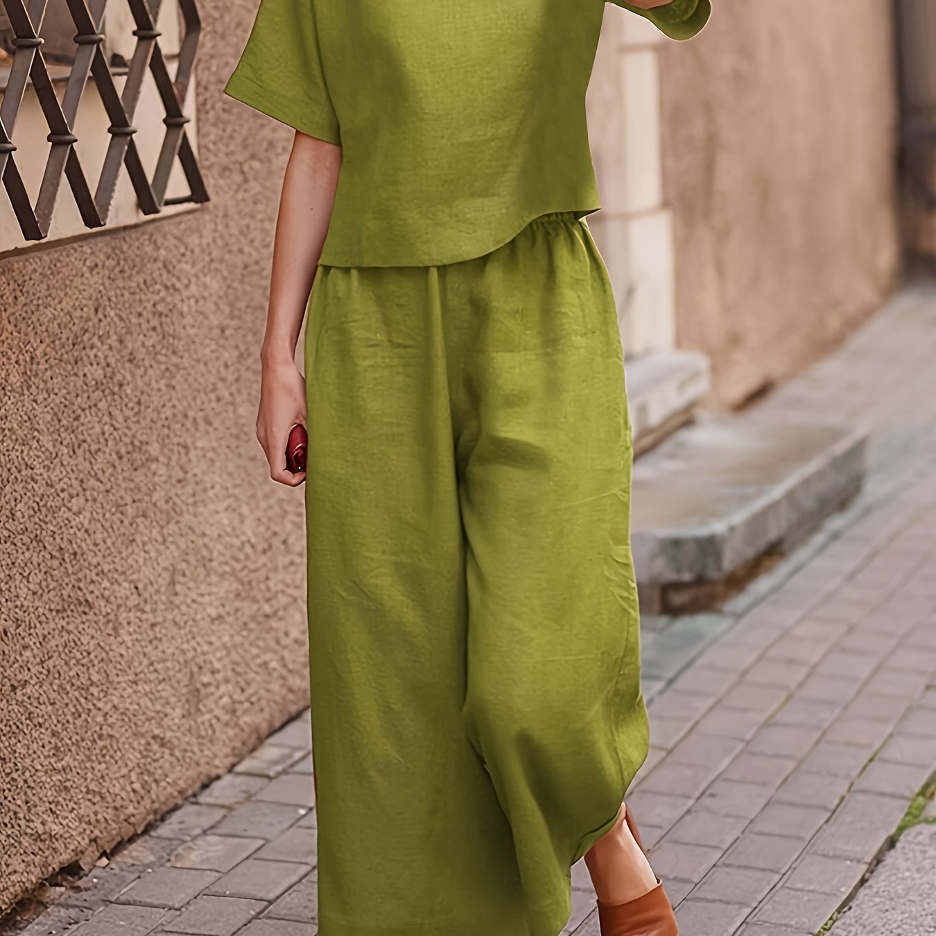 Casual Women's Crew Neck T-Shirt and Wide Leg Pants Set