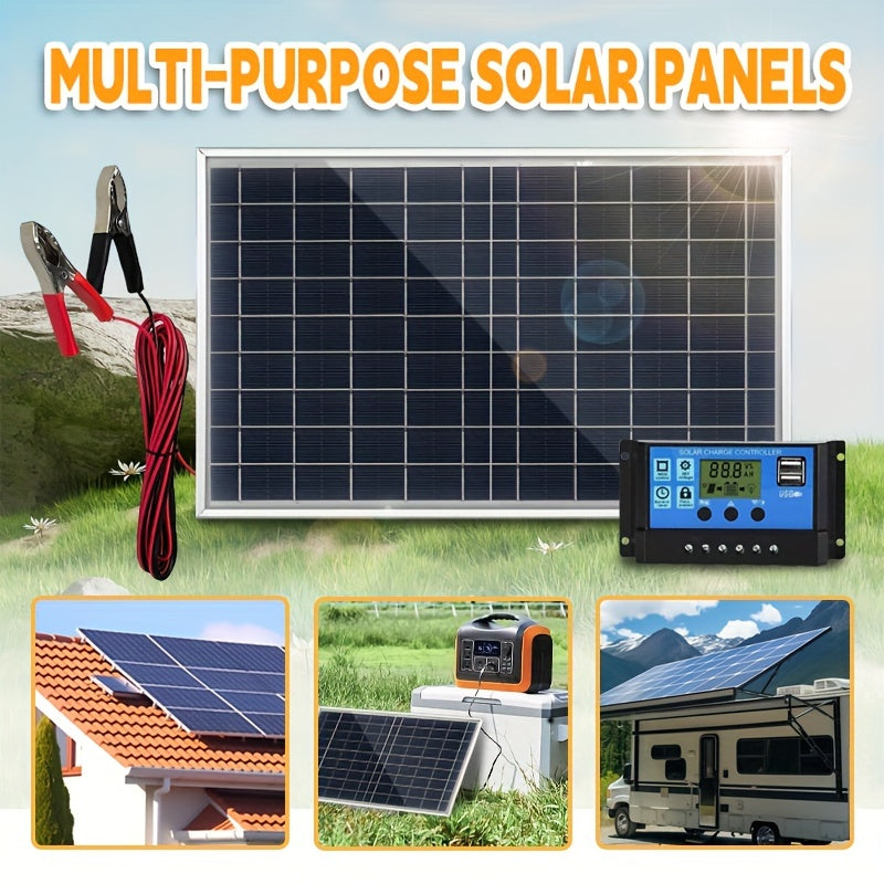 Portable solar panel kit with controller options, multiple voltage outputs, and USB charger for various applications like camping, hiking, RV, and security cameras.