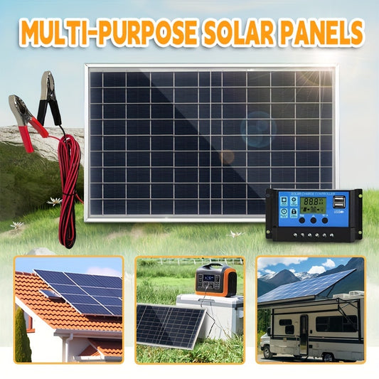 Portable solar panel kit with controller options, multiple voltage outputs, and USB charger for various applications like camping, hiking, RV, and security cameras.