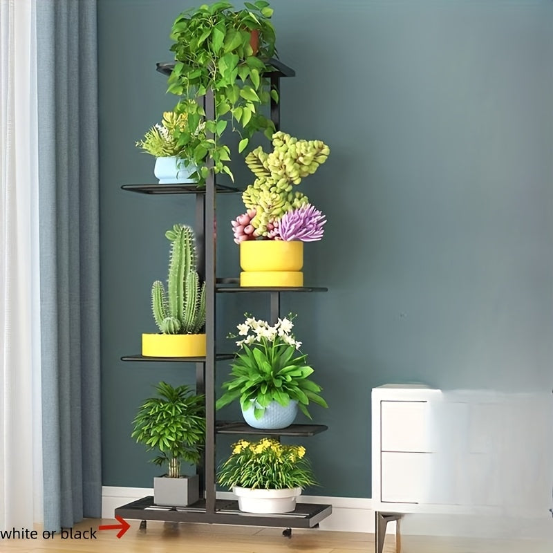 Multi-tier metal flower stand suitable for various settings like living rooms, balconies, and gardens. Ideal for displaying potted plants and books.