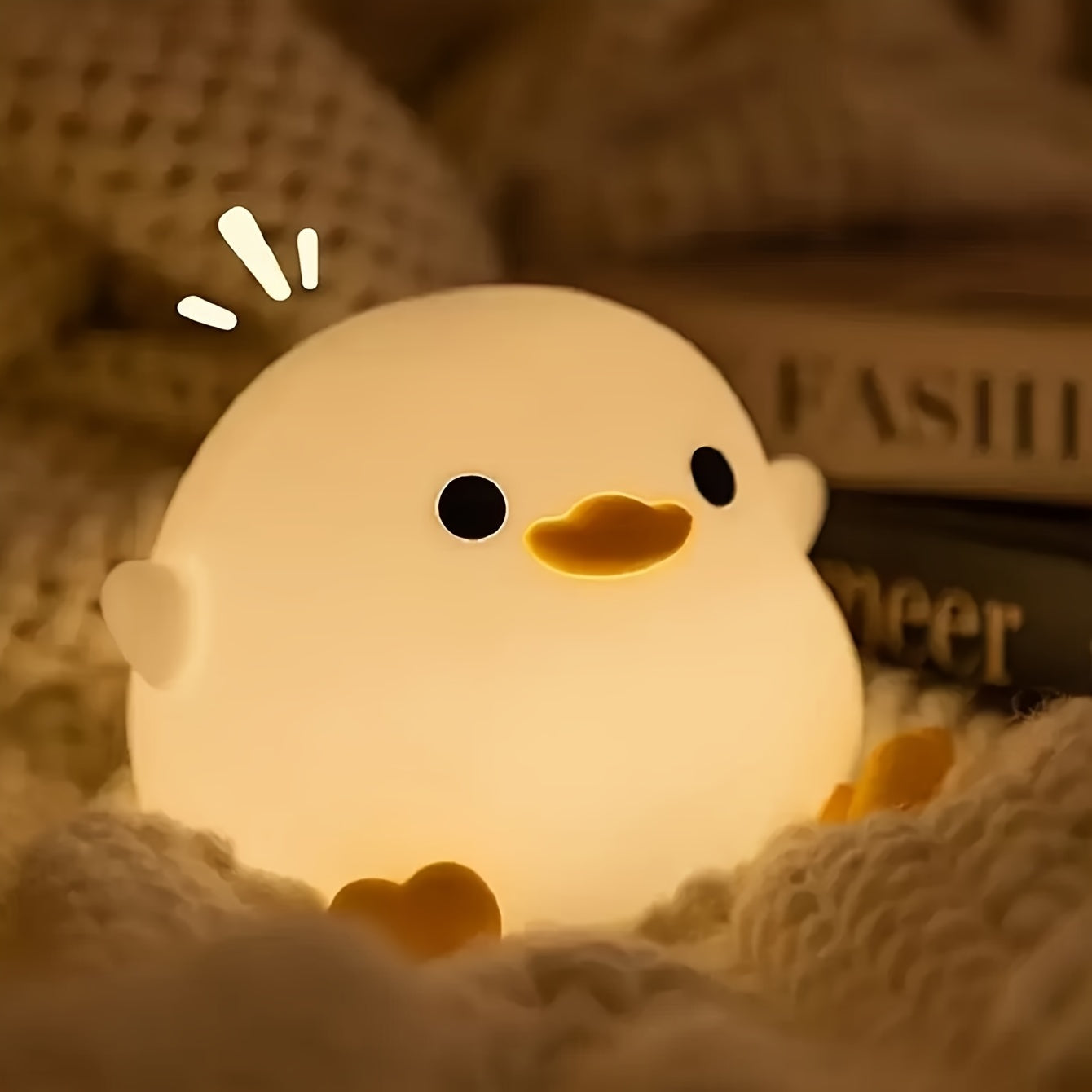 Soft light eye protection silicone night light in the shape of a duck, with 7-color tap light feature. This small table lamp is perfect for use in the bedroom or while breastfeeding. Requires 3 AAA batteries (not included).