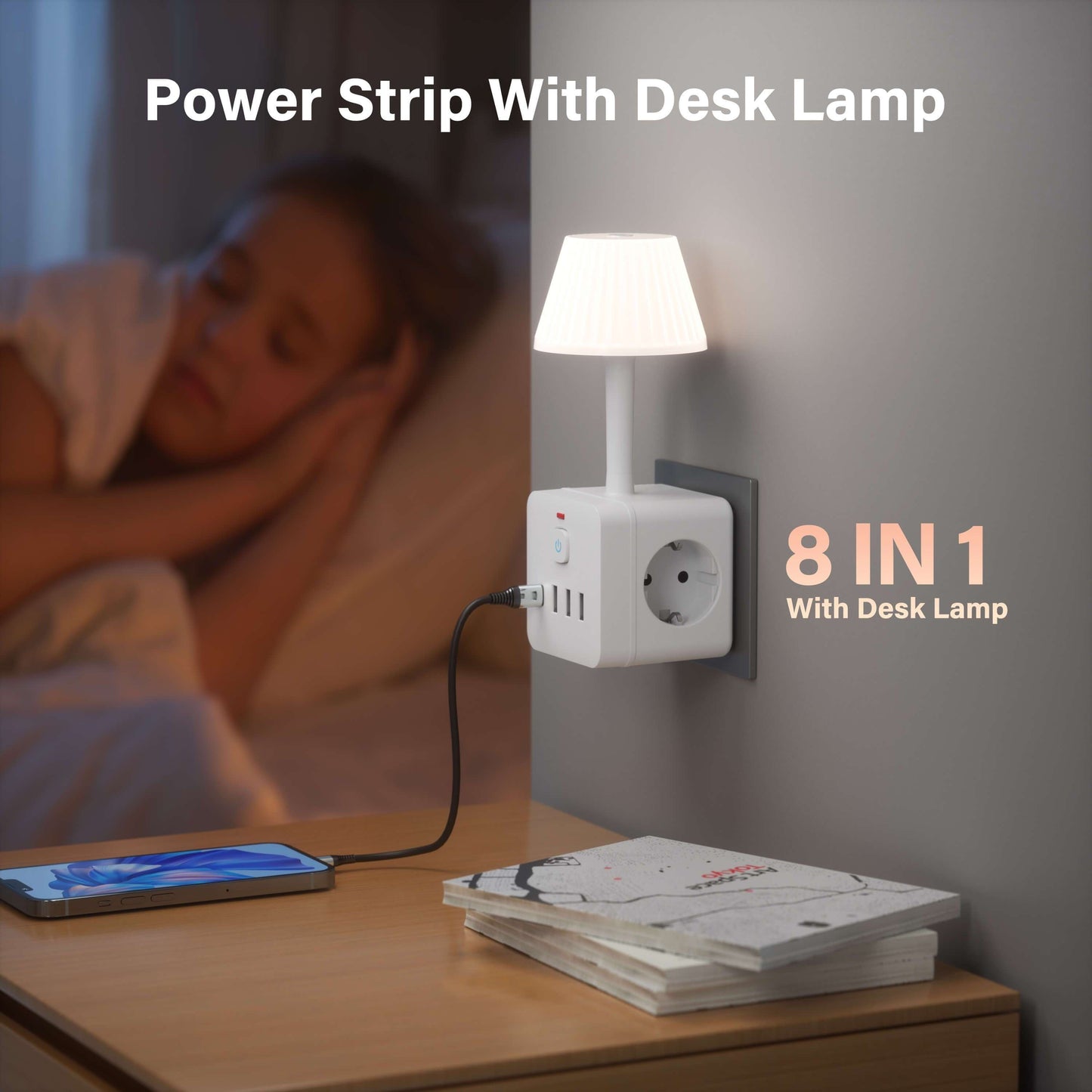 1pc Chiefway LED table lamp with dimmable light, multiple charging ports, power strip, surge protection, on/off switch, European plug, cube shape, 220-240V.