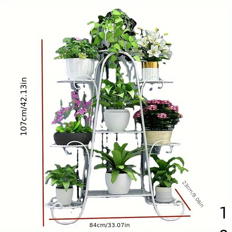 European-style metal plant stand with 9 tiers for indoor and outdoor use. Provides a decorative display for flower pots in the garden, balcony, or living room. Does not require electricity