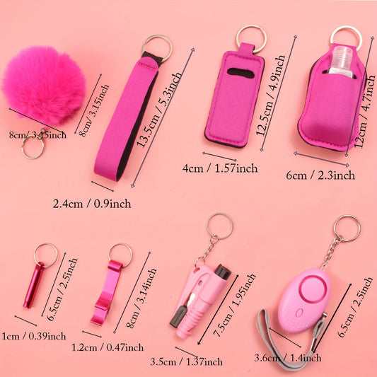 Set of 8 pieces including a personal alarm, mini window breaker, and survival whistle. Made of durable zinc alloy in a cute style designed for men.