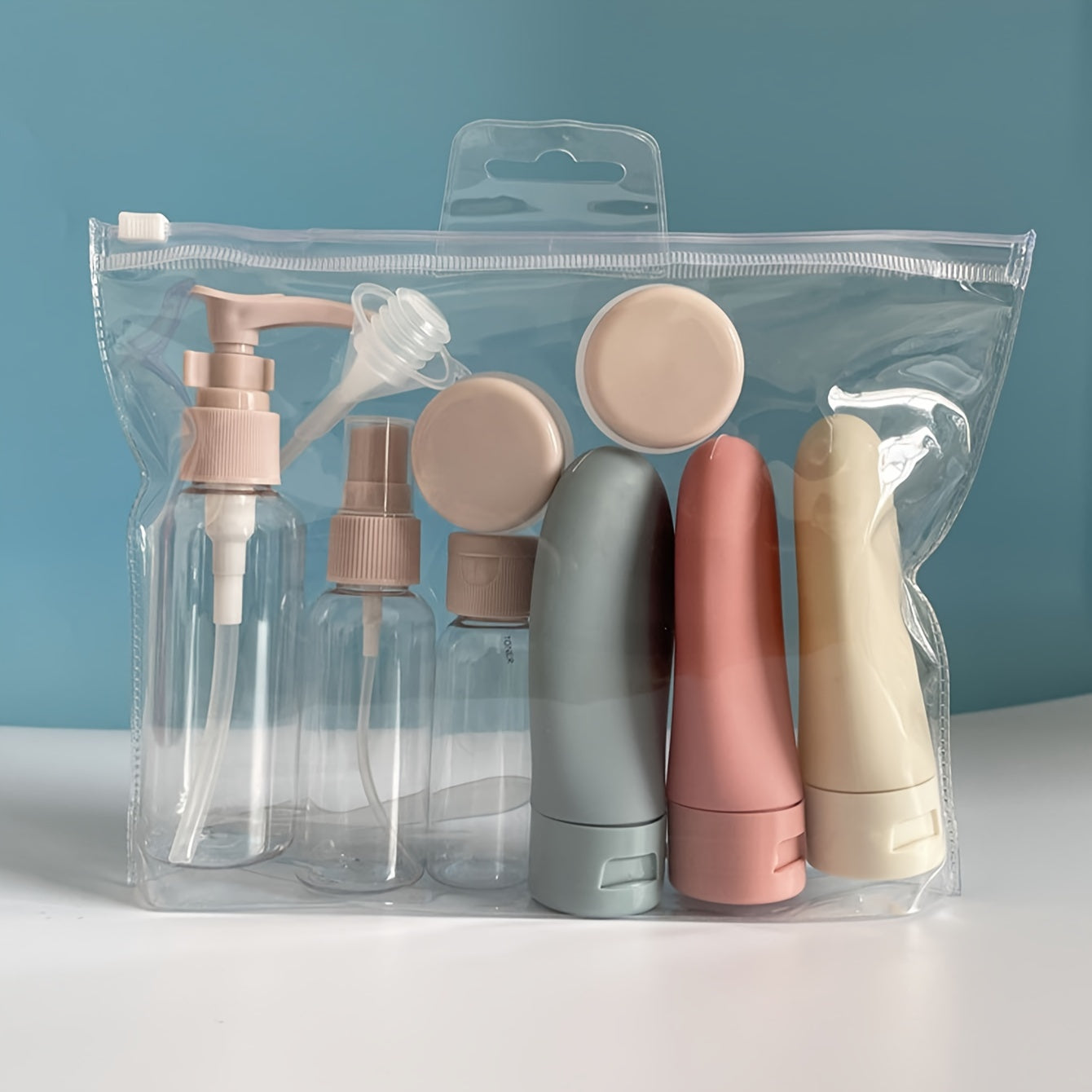 11-piece set of refillable travel bottles for toiletries and liquids, ideal for shampoo, conditioner, lotion, soap, and body wash.