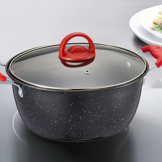 Multi-functional soup pot with a non-stick coating and matching lid, ideal for cooking stews, hot pots, and noodles. Can be used on gas and induction stoves. Features a timeless red and black design.