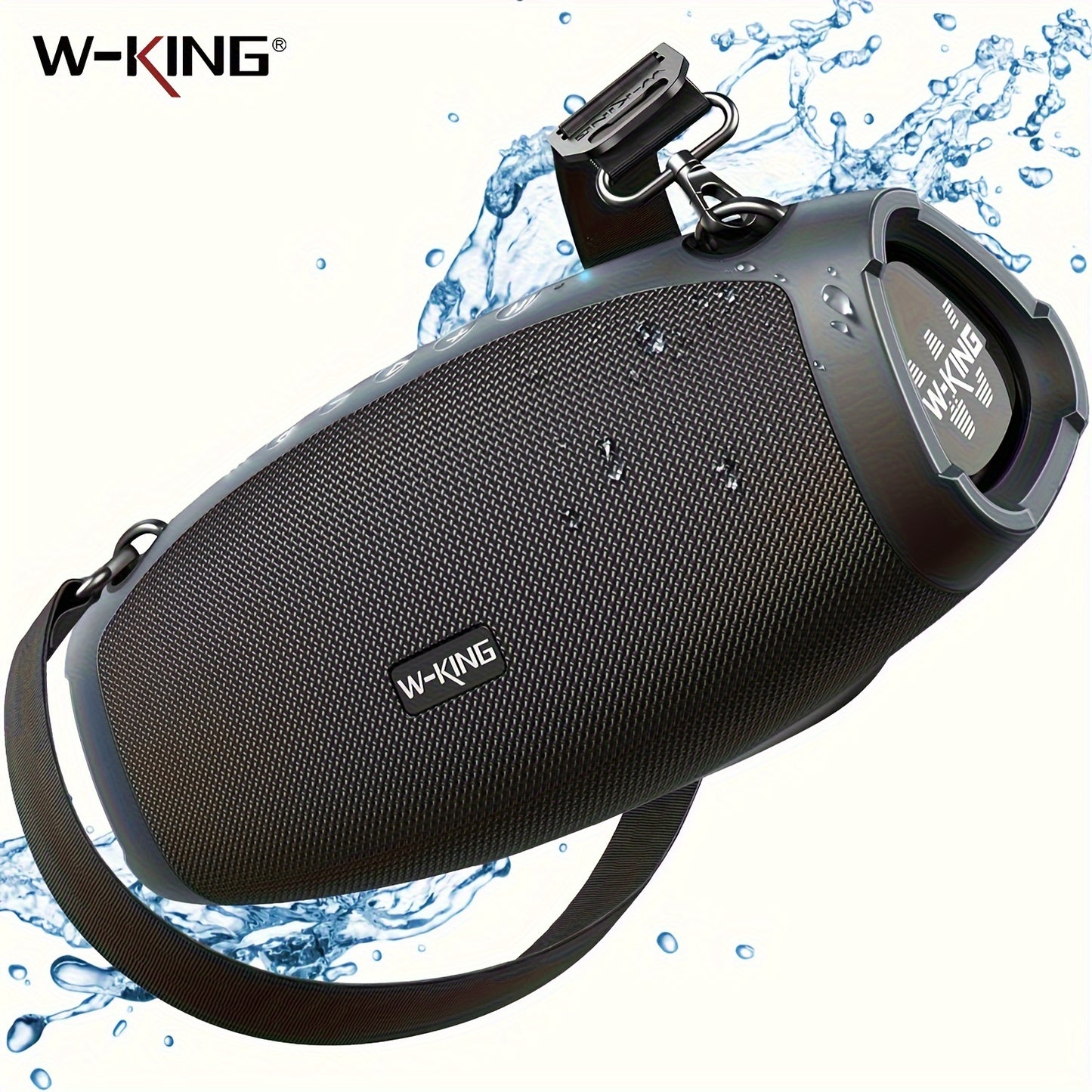 W-KING portable wireless speaker with 90W peak power, stereo sound, dual EQ, bass boost, USB charging, 4-speaker system, button control, TF card slot, AUX-IN, removable strap for outdoor