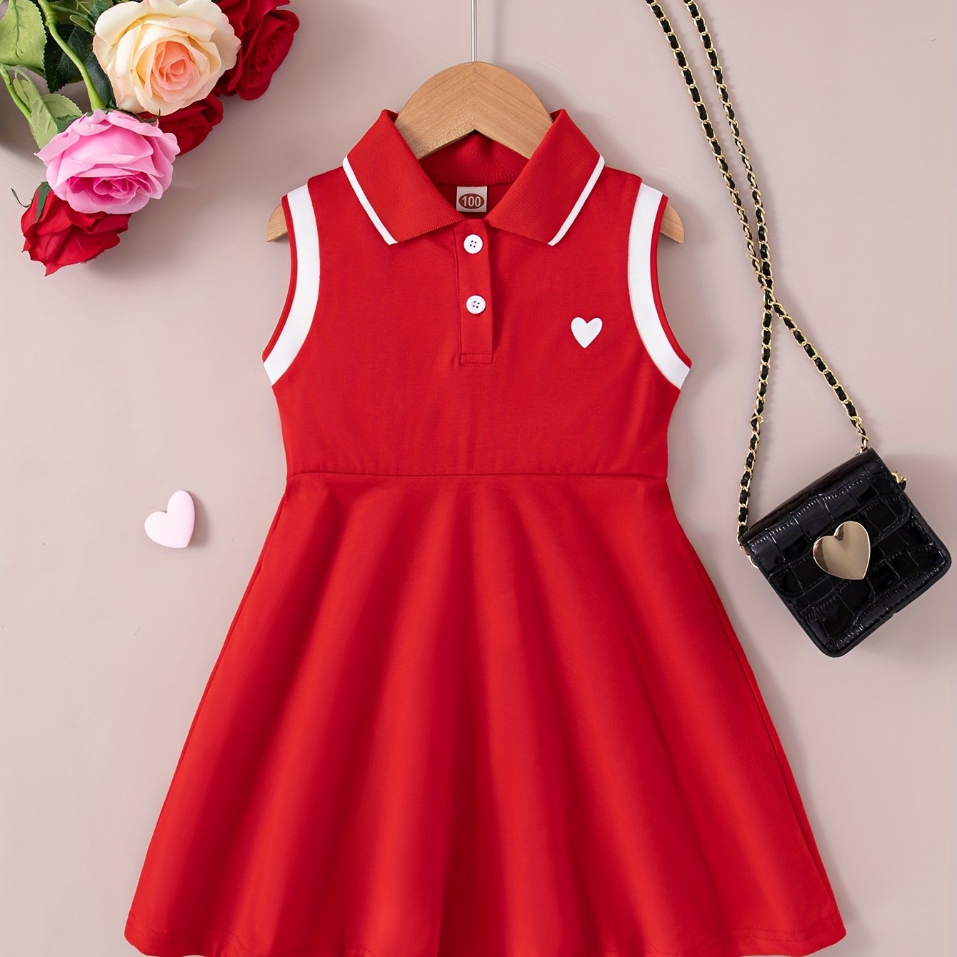 Sleeveless summer girls' dress with collar, heart print, knee-length.