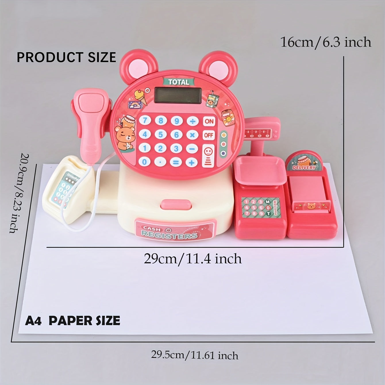 Mini cash register pretend play set with scanner, credit card, and supermarket interaction toys. Some parts may be sent randomly. Great for winter and New Year.