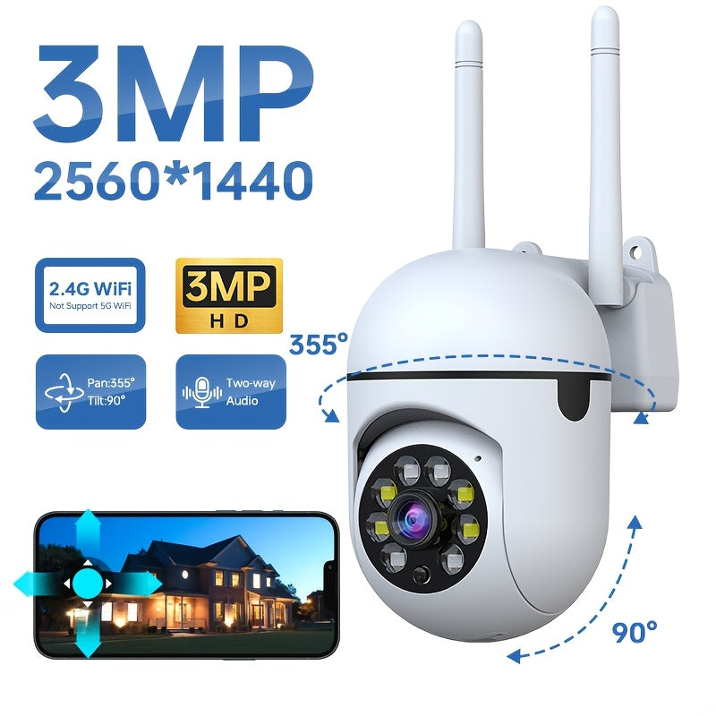 Indoor Wireless Surveillance Camera with Two-Way Audio, HD 1440p, Motion Detection, Color Night Vision; USB Powered - SD/Cloud Storage Not Included; 1 Piece, 3MP PTZ WiFi Security Camera.