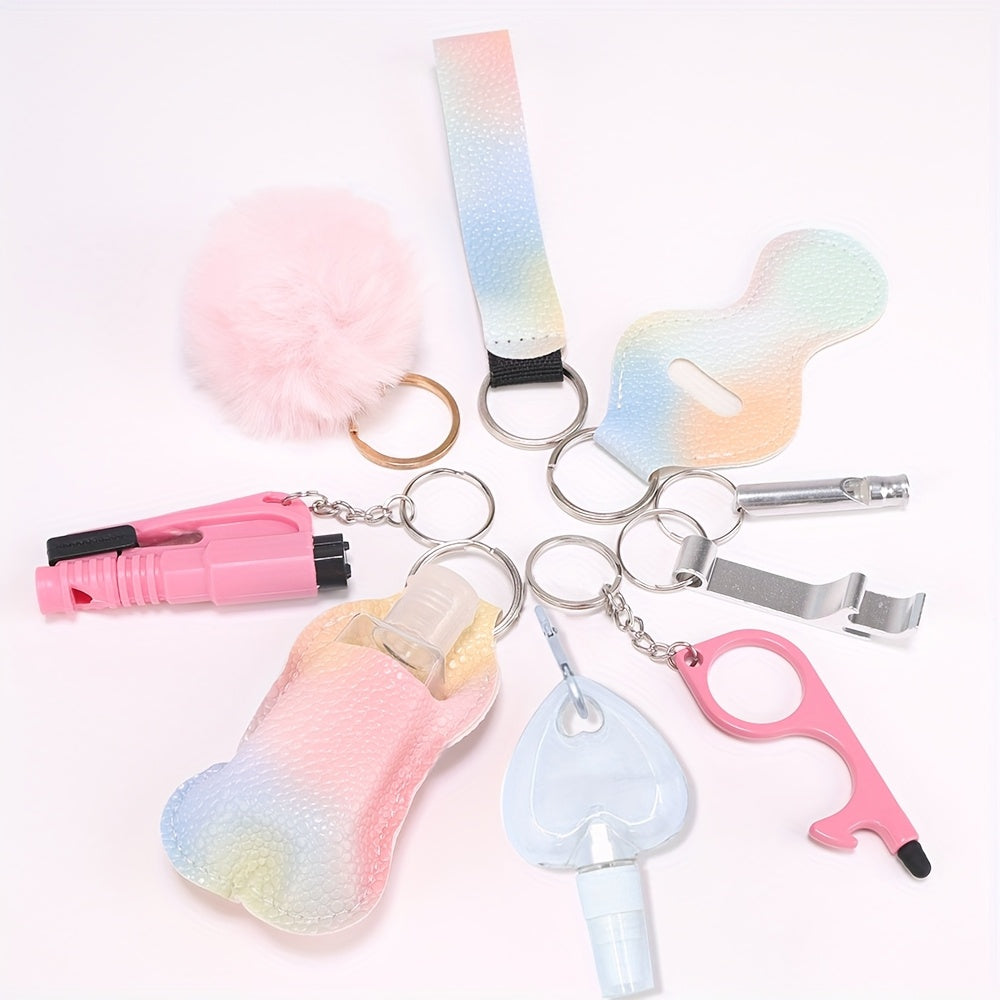 A set of 10 self-defense items for women, including a window breaker, spray bottle, lipstick holder, and other accessories. Perfect for birthday gifts for moms and women.