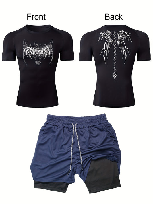 Men's 2pcs sports set includes a skull wings print tight fit short sleeve shirt and solid color multi-pocket double layer shorts for morning runs, basketball, and gym.