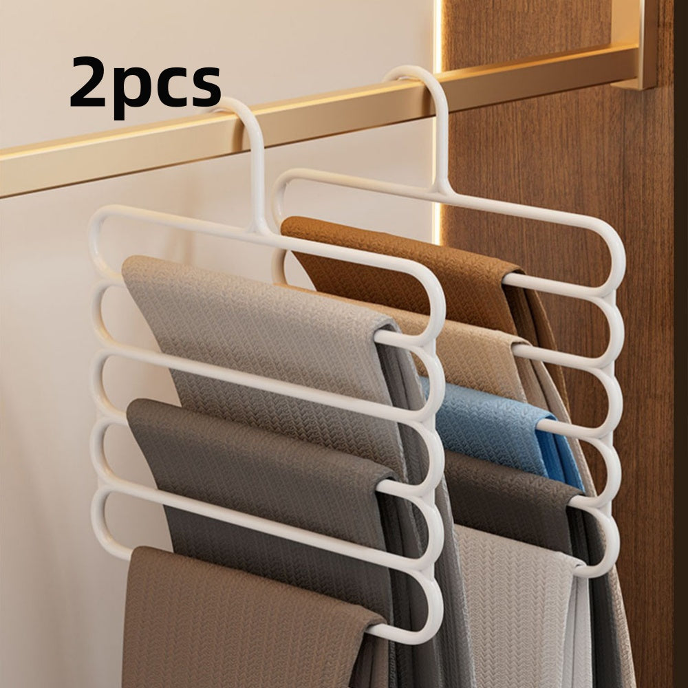 Set of 2 Space-Saving 5-Tier Metal Hangers for Pants - Non-Slip, Adjustable, and Foldable Organizer for Ties and Pants