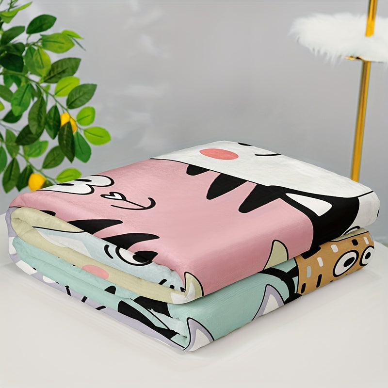 Soft and warm 1pc Cozy Cartoon Cat & Animal Letter Print Flannel Blanket made of high-weight polyester. Handwash only. Provides all-season comfort in vibrant mixed colors.