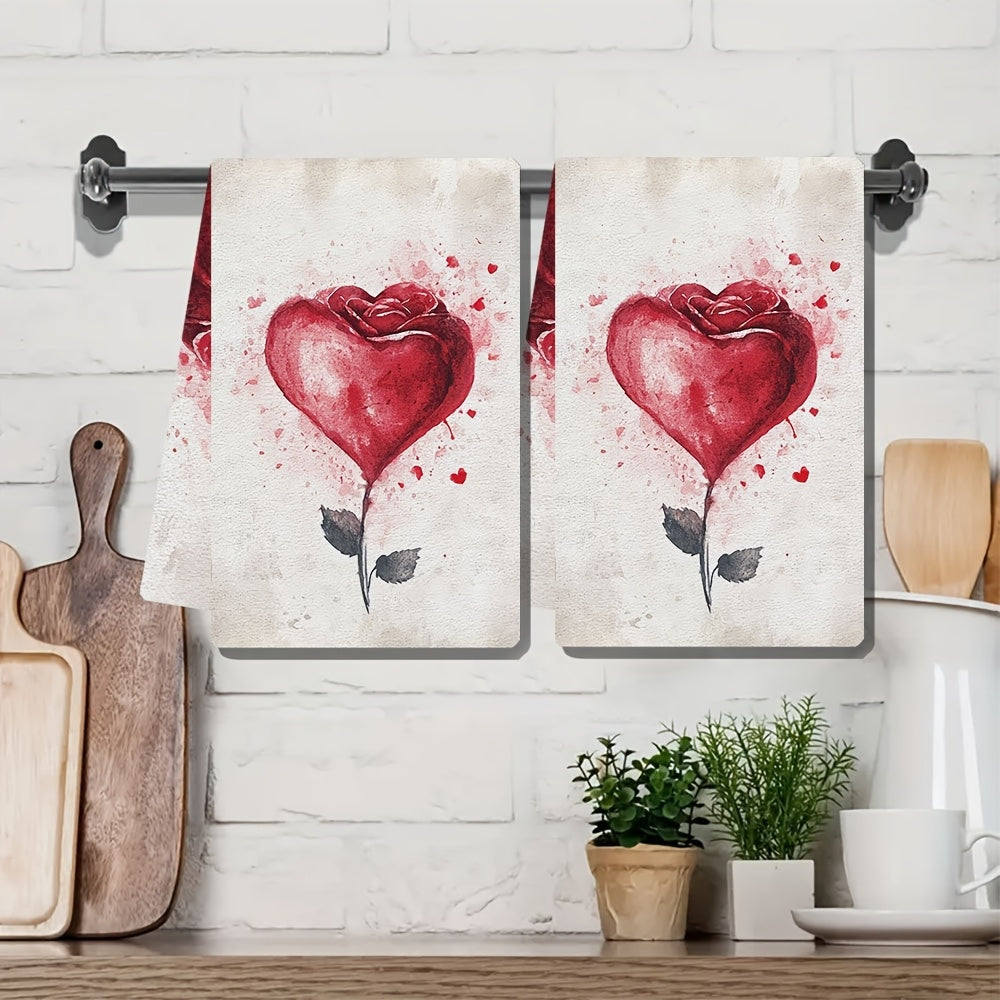 Valentine's Day-themed Kitchen Towels - Set of 2, Ultra Soft with Heart & Rose Design, Highly Absorbent, Machine Washable, 40.64x60.96 cm - Ideal for Romantic Home Decor and Dish Drying.