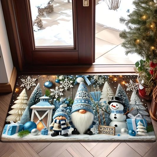 Upgrade your holiday decor with the Christmas Blue Gnome Door Mat! Made from soft, thick memory foam, this mat is non-slip and absorbent, making it perfect for the kitchen, bathroom, or laundry room. Machine washable for easy care, this festive mat is