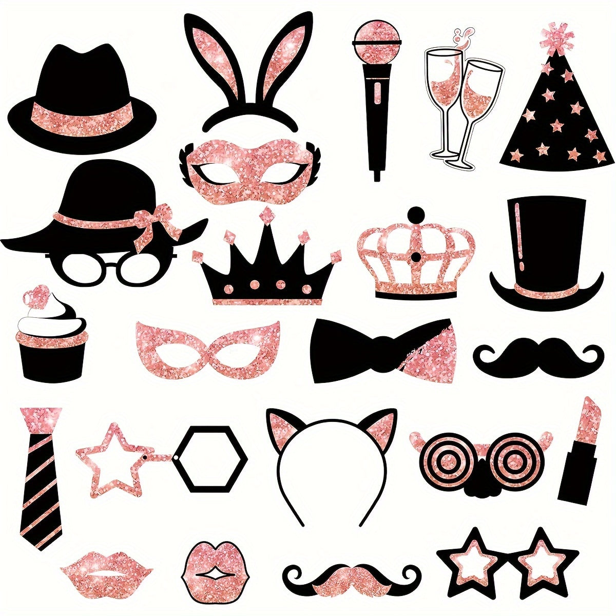 23pc Elegant Black & Golden Party Props Set - Vintage Glitter Accessories for Birthdays, Weddings, Graduations | Includes Top Hat, Bow Tie, Mustache, Crown, Star, Champagne & More - Princess Theme, Paper Material