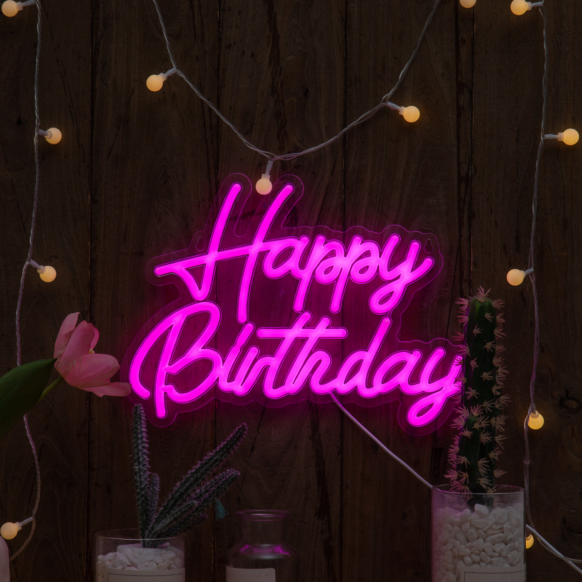 Happy Birthday Neon Sign; USB-powered plastic wall light with switch control, perfect for birthday party decor.