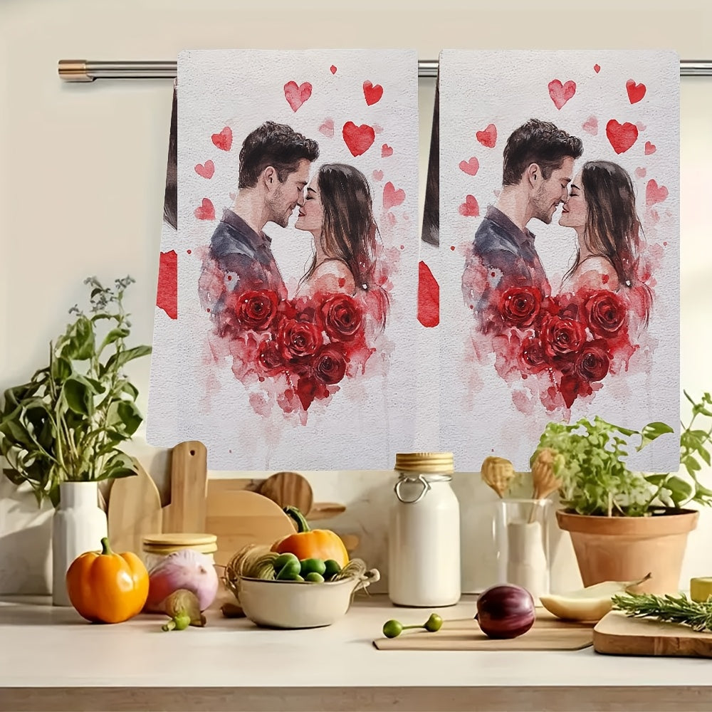 Two Romantic Valentine's Day Kitchen Towels - These ultra soft and highly absorbent polyester dish hand towels measure 40.64x60.96 cm. They feature an embracing couple and red roses design, perfect for holiday decor. These machine washable dish towels