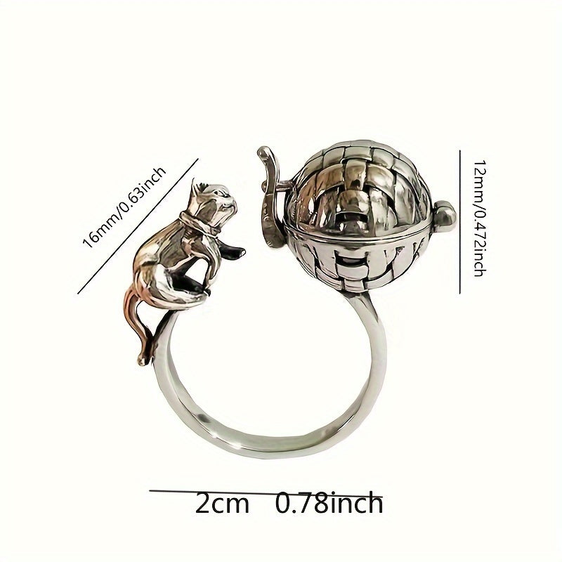 Charming Vintage-Inspired Lucky Cat Ring - Adjustable, Openable Style with Aromatherapy Element, Stylish Alloy Accessory for Women