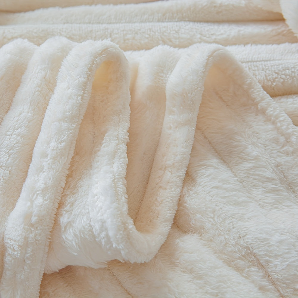 Stay cozy with our Contemporary White Flannel Fleece Blanket, featuring a thick striped coral fleece design. Perfect for the office, yoga, or sofa, this all-season multipurpose knitted polyester throw is machine washable and weighs 250-300gsm.