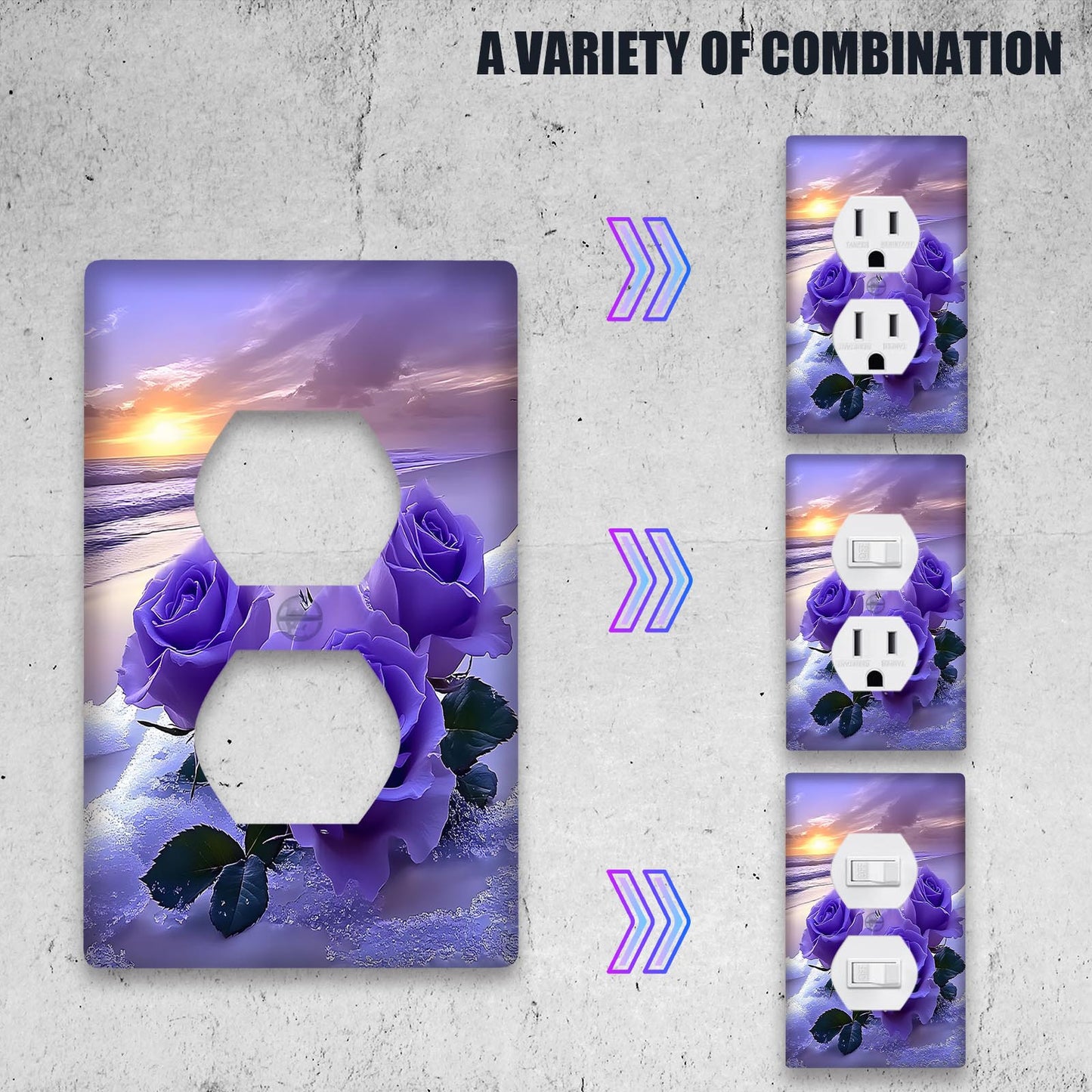 Wall plate with lavender purple rose design and socket switch cover. Enhance indoor and outdoor decor in bedrooms, kitchens, homes, and bathrooms. Power supply not included.