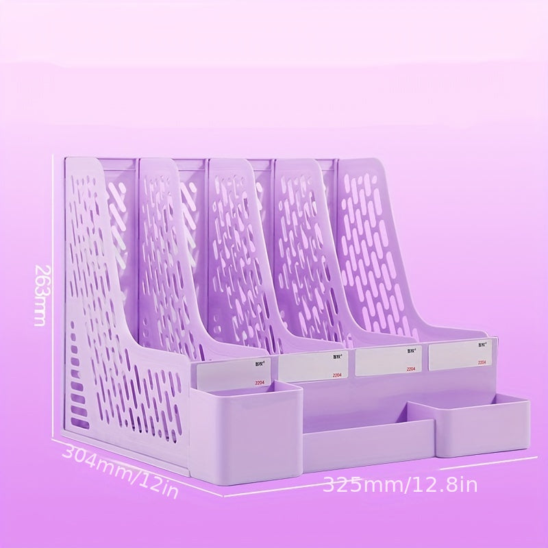 Desktop file rack with pen holder, ideal for organizing office supplies.