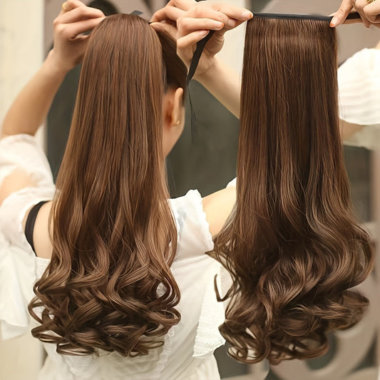 Stylish brown ponytail wig with ribbon tie made of high-temperature synthetic hair, perfect for all women.