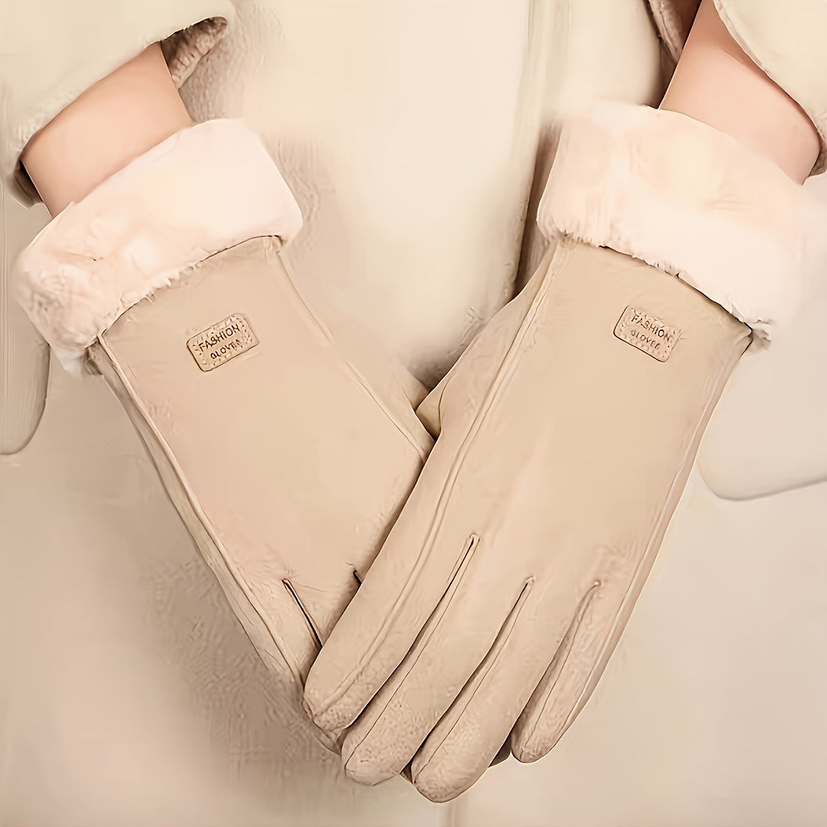 Stay warm and stylish with these cozy women's beige touchscreen gloves. Made with thick warm plush lining and full finger design, these winter gloves are crafted with knitted polyester material for ultimate comfort. The inelastic fit provides a snug