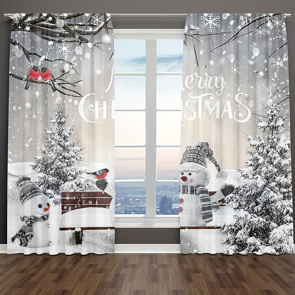 Set the festive mood with this set of two Christmas curtains featuring a snowman and pine tree design. Made of semi-sheer polyester, these curtains are easily machine washable and have a convenient rod pocket for easy hanging. Perfect for adding a touch