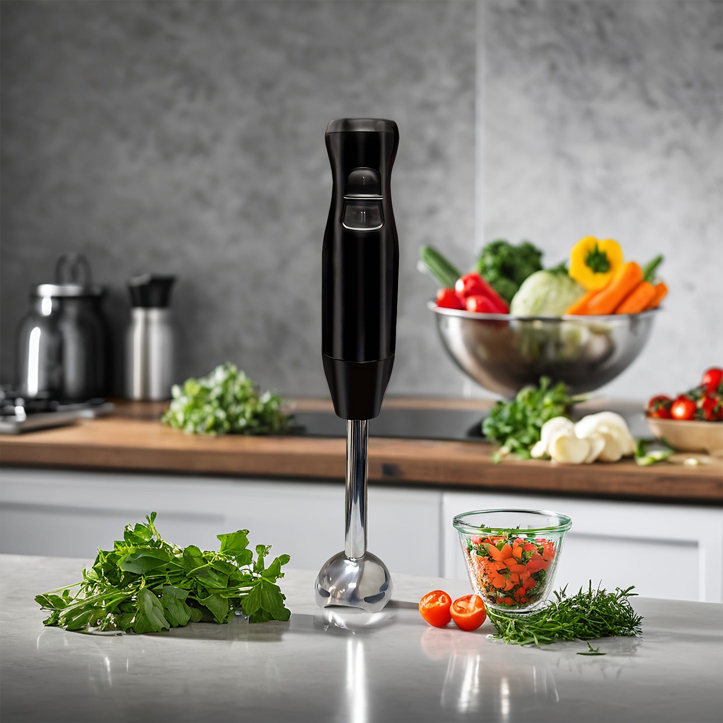 Electric immersion hand blender with food-grade stainless steel, 2-speed control. Includes mixer, chopper, and ice crushing capabilities. Easy to clean with removable blending stick. Ideal