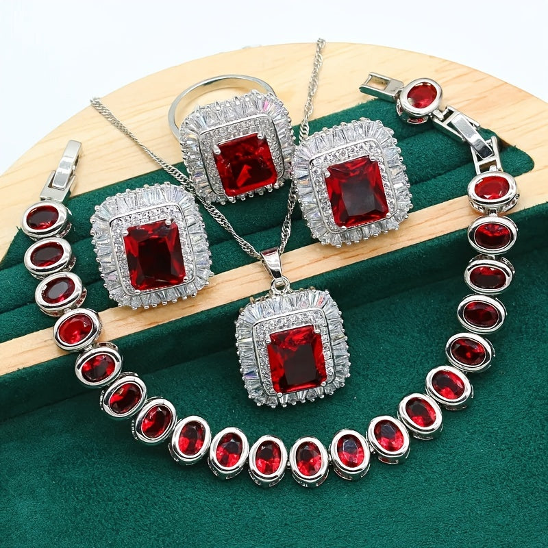 5-piece Jewelry Set for Women: Wedding Earrings, Necklace, Bracelet, and Ring featuring Red Garnet and White Gold Plating, designed for a luxurious look