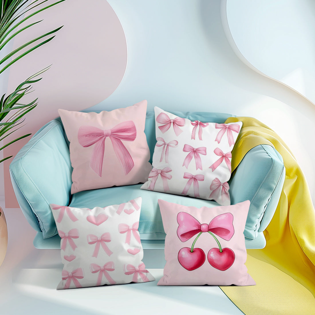 4 pink bow pillow covers for sofa, 45*45cm, single-sided print, peach skin material