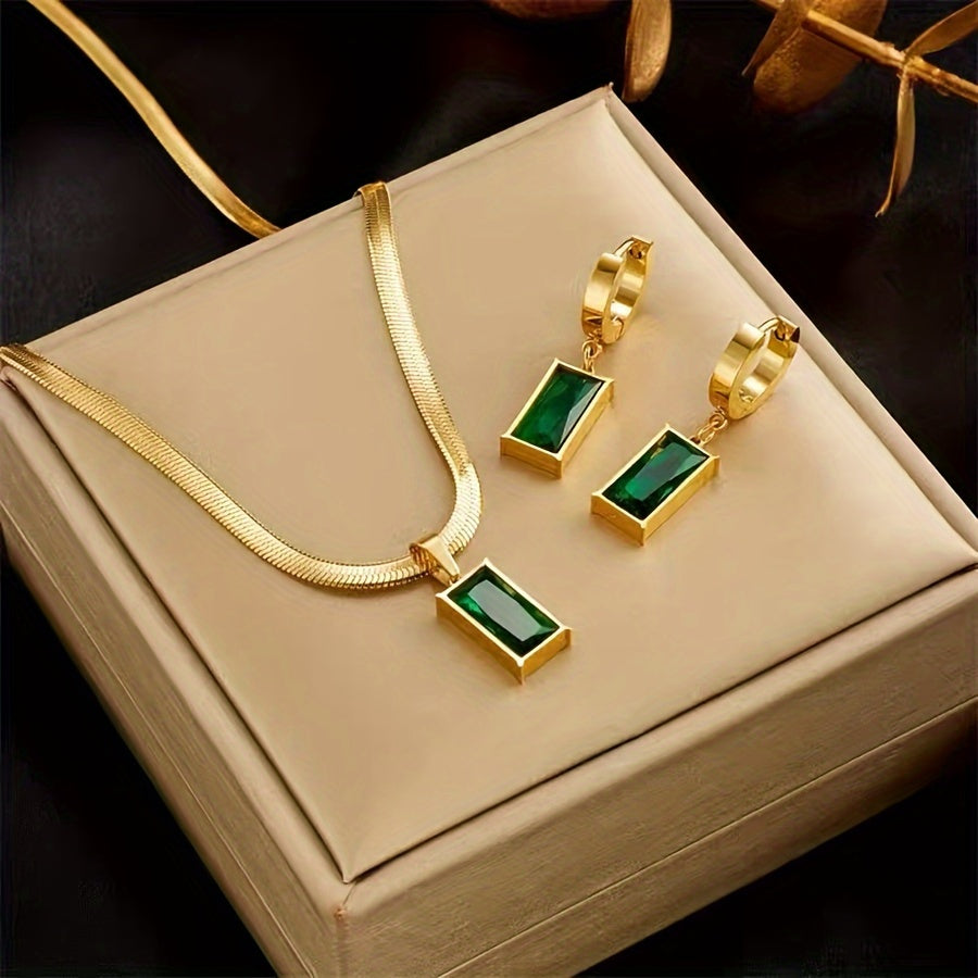 Chic Bohemian 3-Piece Jewelry Set: Gold Plated Stainless Steel with Green Synthetic Zirconia Pendant and Earrings - Stylish Option for Everyday Wear or Vacation, Safe for Sensitive Skin