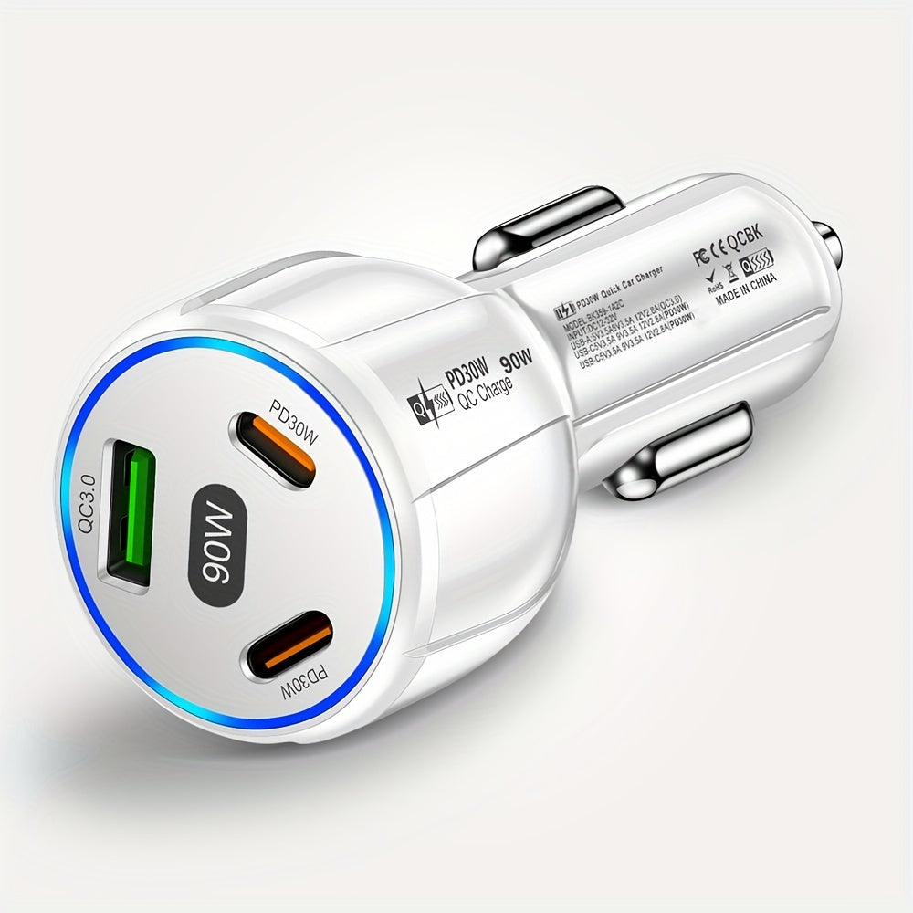 90W car charger with USB Type C PD and Quick Charger 3.0 for fast charging.