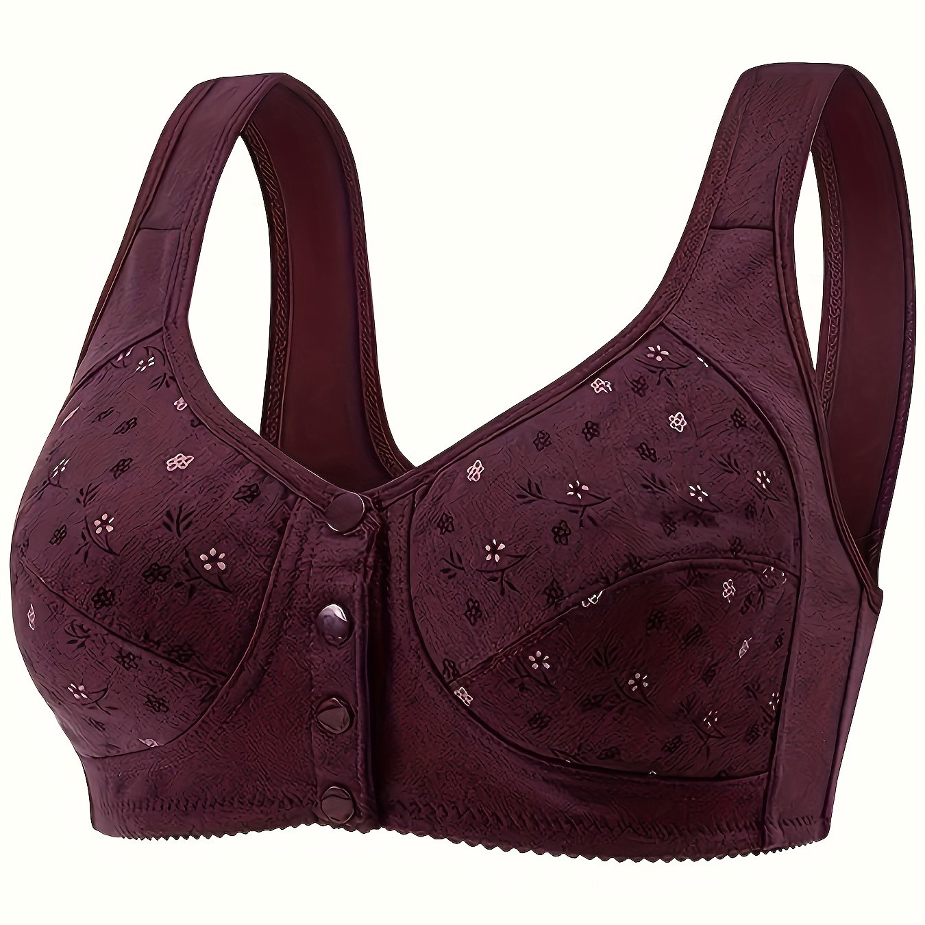 Floral Printed Button-Front Wireless Bra, Comfortable and Breathable Women's Lingerie