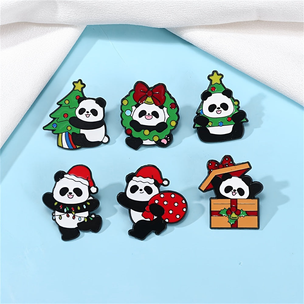 Set of 6 adorable enamel pins featuring cute cartoon pandas, made of durable alloy in animal shapes. Perfect for adding a touch of holiday cheer with novelty Christmas themed lapel badges. These decorative ornaments are great for accessorizing bags and