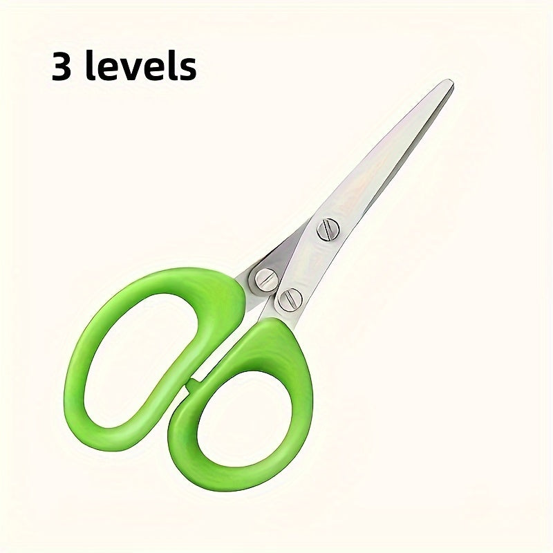 Multi-layer kitchen shears made of stainless steel for cutting herbs and green onions. These ergonomic metal shredder scissors come with a safety cover and easy-clean design.