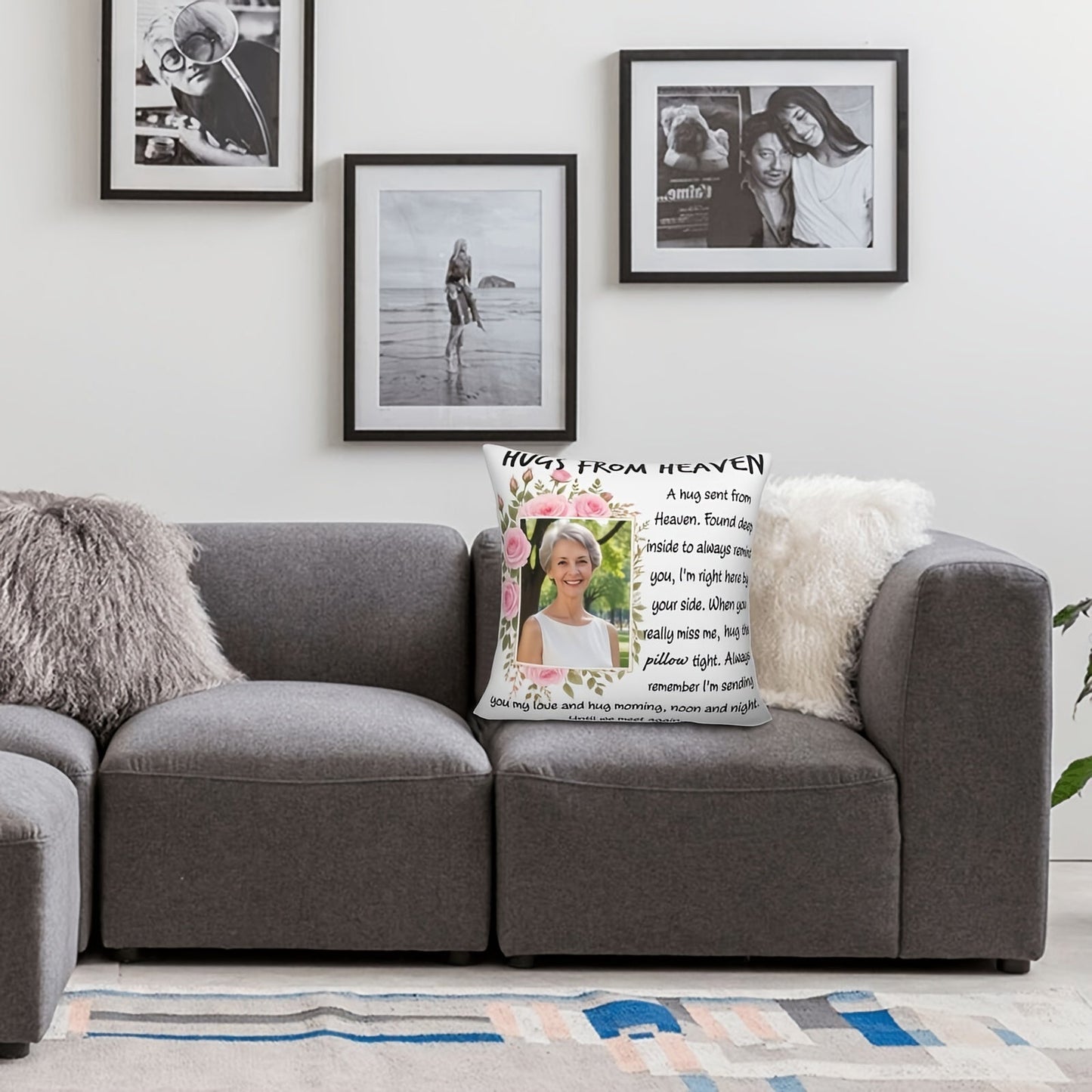 Give a Hug from Heaven with Our Customized Personalized Pillow - Featuring Pink Roses, Your Favorite Photo, and Personalized Cover - A Touching Gift to Remember