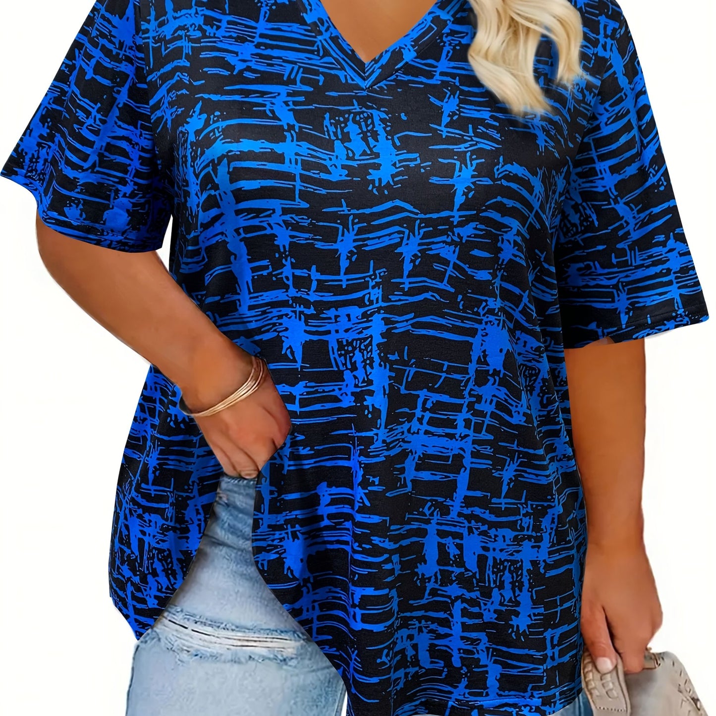 Plus size black & white abstract print t-shirt with v-neck, short sleeves, and drawstring detail. Made of polyester knit, perfect for spring/summer casual wear.