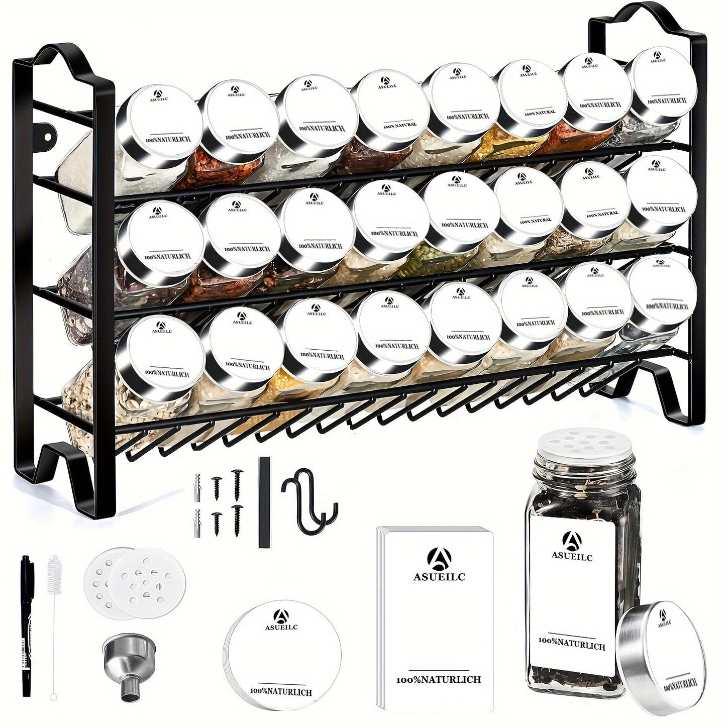 Glass Spice Jars Set of 24 with Tiered Countertop Storage Rack, Includes Stainless Steel Funnel, Label Maker, Brush, Pen, and Nails - Perfect for Home and Commercial Kitchens.