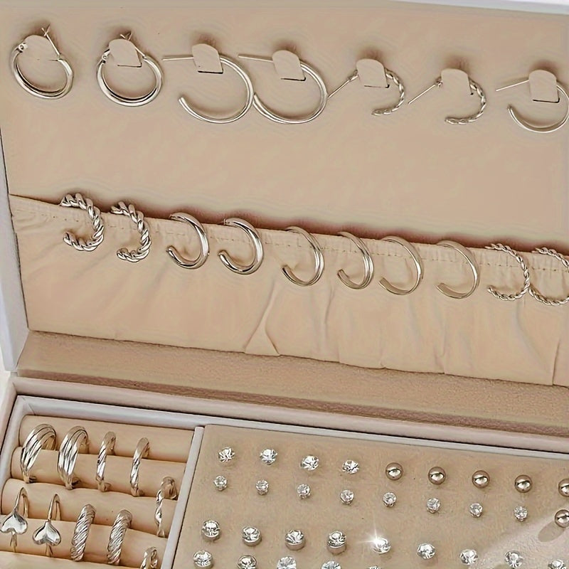 Set of 102 earrings in a minimalist geometric style, featuring studs and hoops. These versatile fashion ear accessories are perfect for holidays, dates, and everyday wear. (Box not included)