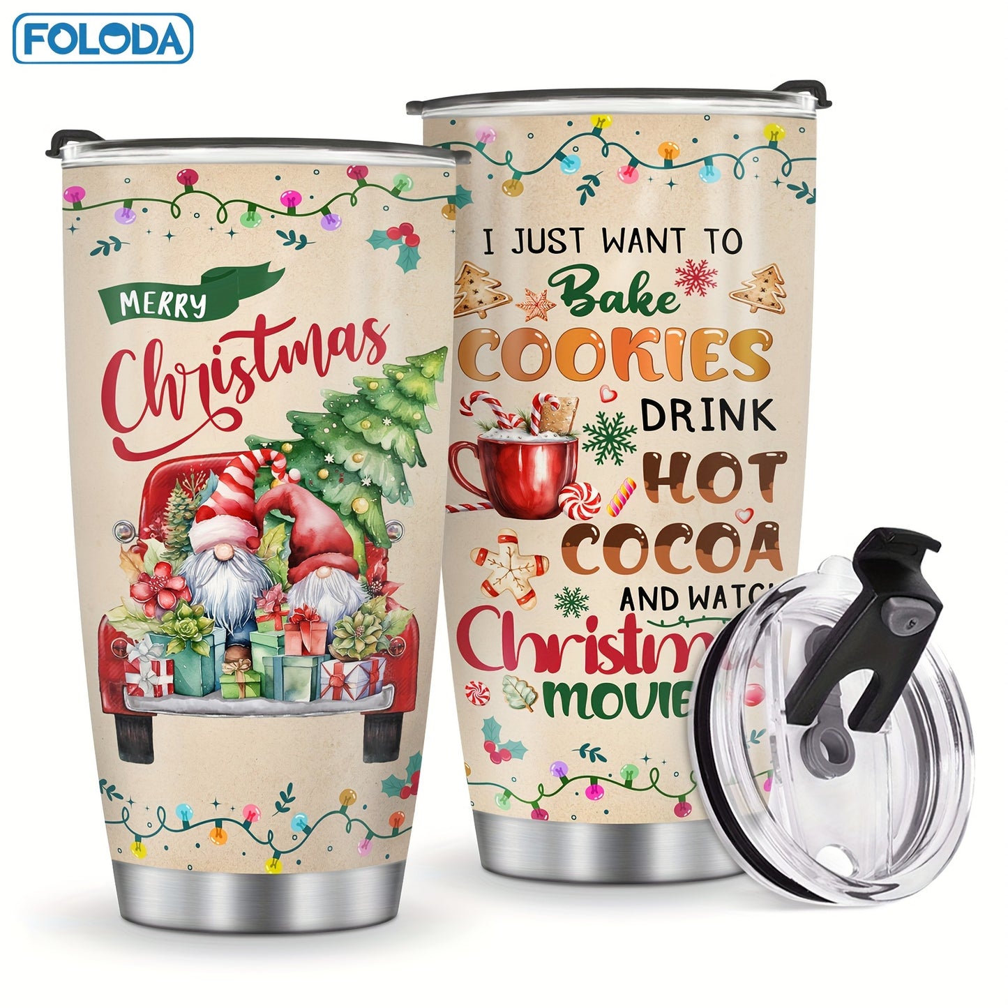 1pc 20oz Foloda Stainless Steel Insulated Tumbler featuring Christmas Santa Claus and Red Truck design. Oval shape, hand wash only, PVC free. Perfect for running and holiday gifts. Merry Christmas Patterns Travel Mug.