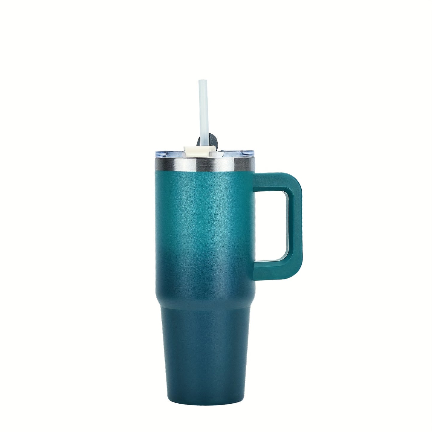 30-40 oz stainless steel vacuum tumbler with handle and straw for hot or cold beverages, includes straw.