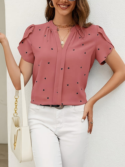 Light blue heart pattern V-neck blouse for women in casual polyester/spandex, available in petite sizes, machine washable, everyday fashion with smooth texture.