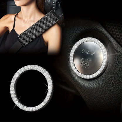 Women's bling car accessories: steering wheel cover, coasters, seat belt shoulder pads, ring sticker, and gear shift cover.