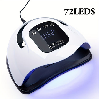 Nail dryer with 72 LED beads, UV gel curing lamp with 4 timer settings, durable for salon and home use.